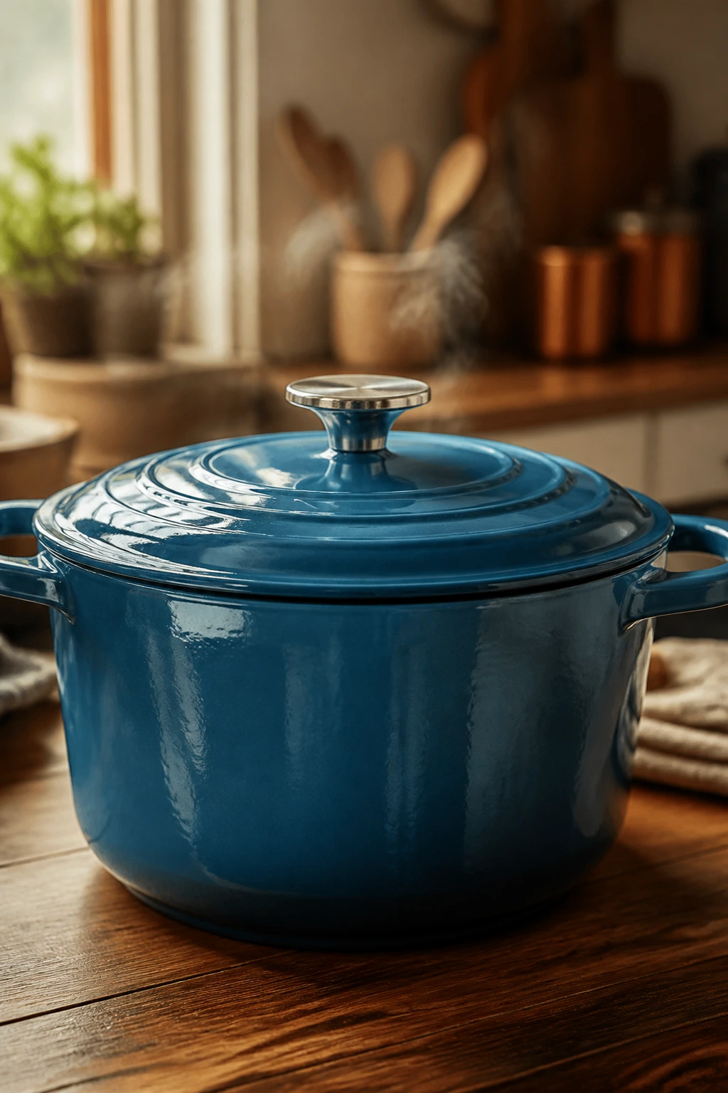 Close-up of a large enameled Dutch oven on a wooden counter with steam.