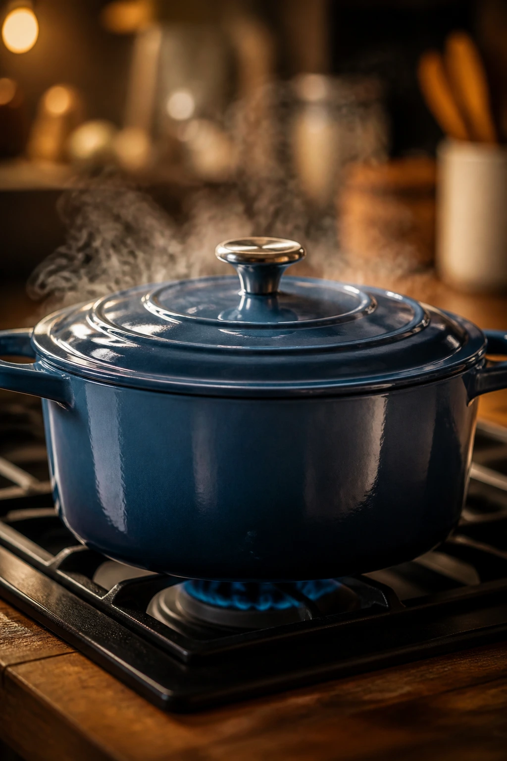 Stew-ready Dutch oven steaming on stove