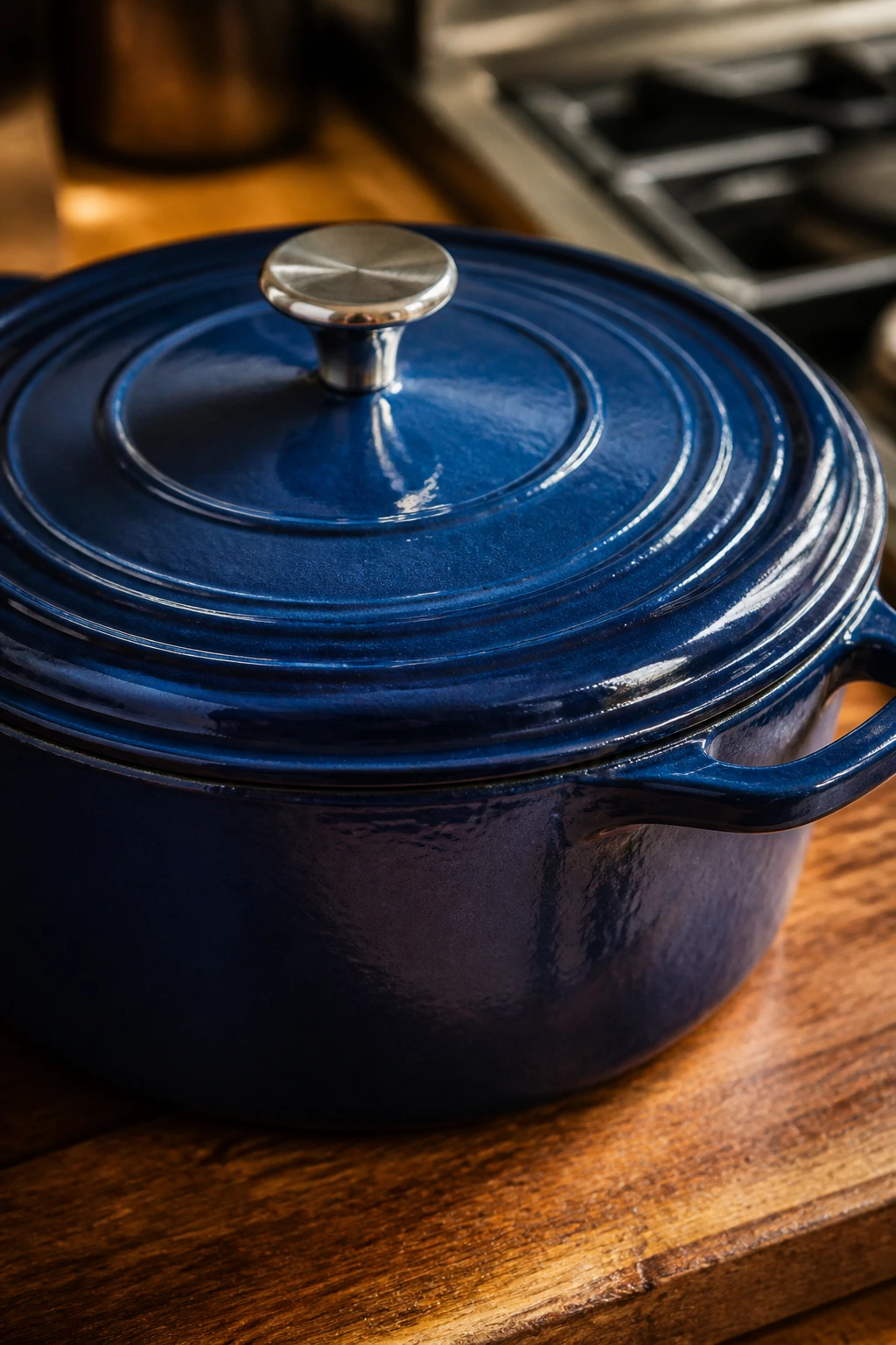 Close-up of a heavy Dutch oven on a wooden kitchen counter