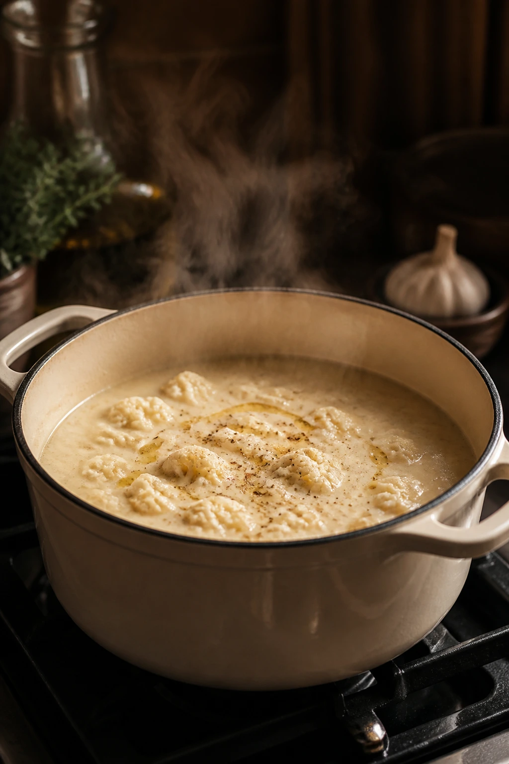 Large Dutch oven on a stove in a warm kitchen