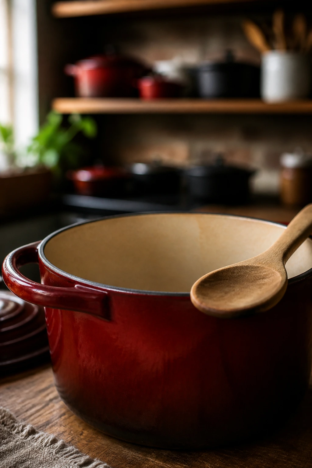Close-up of a heavy Dutch oven with wooden spoon in a cozy kitchen.