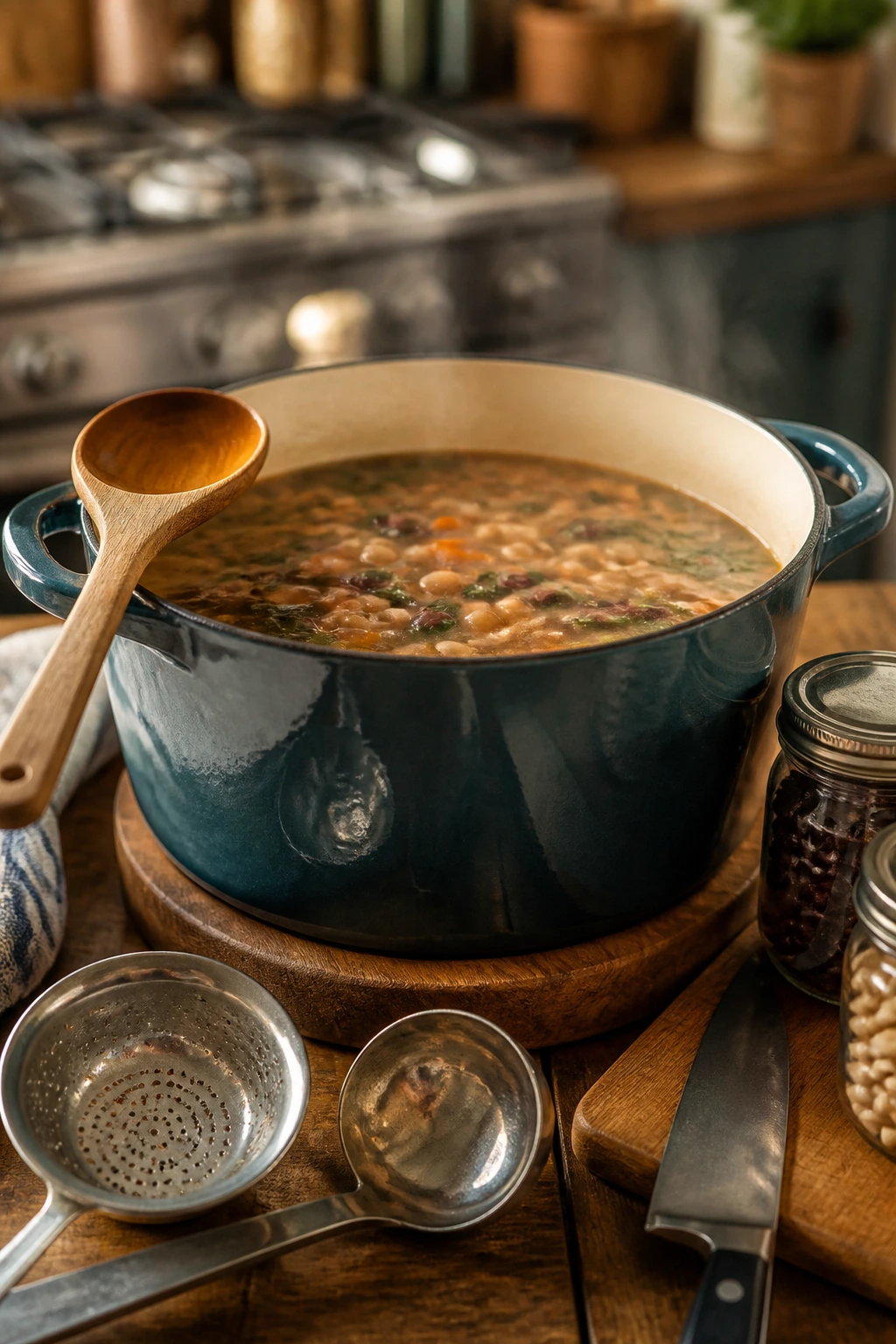 Enamel Dutch oven in a cozy kitchen with wooden spoon on the rim
