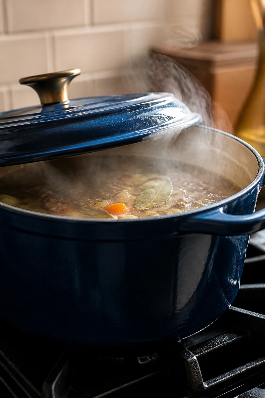 Heavy Dutch oven on a stovetop in a home kitchen