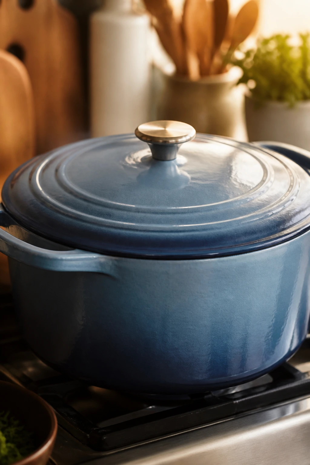Close-up of a large Dutch oven in a warm kitchen