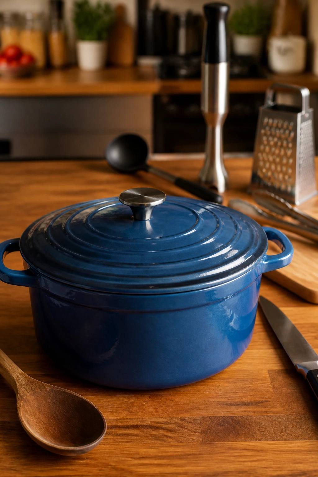 Large Dutch oven on a kitchen counter