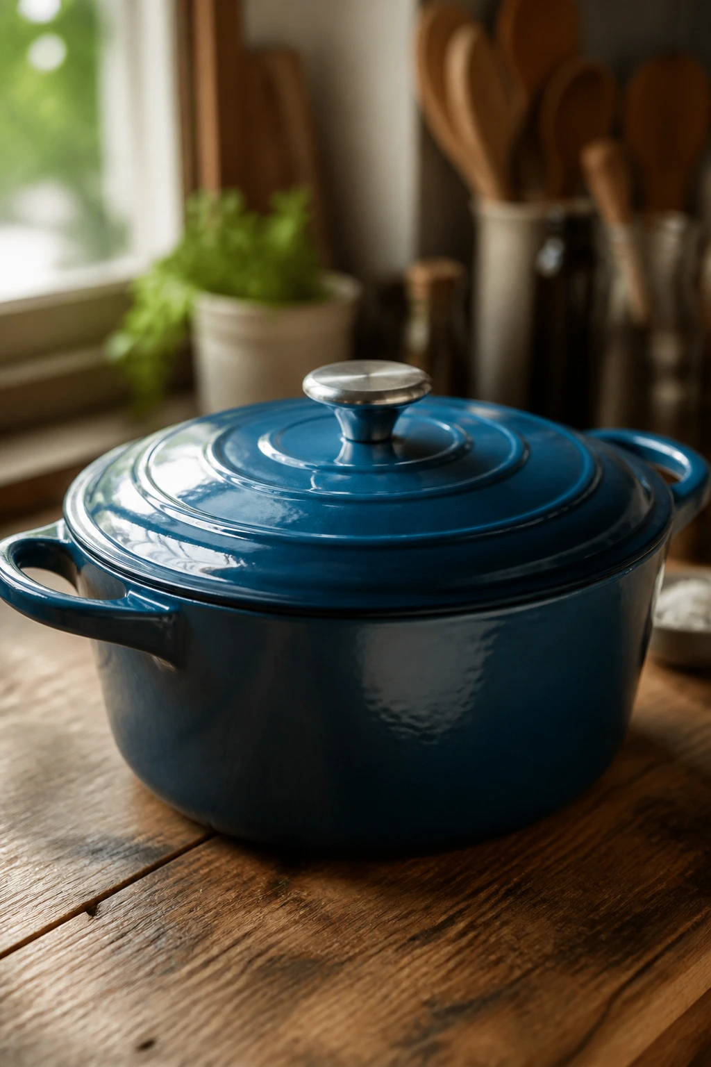 Close-up of a large enameled Dutch oven on a wooden kitchen counter