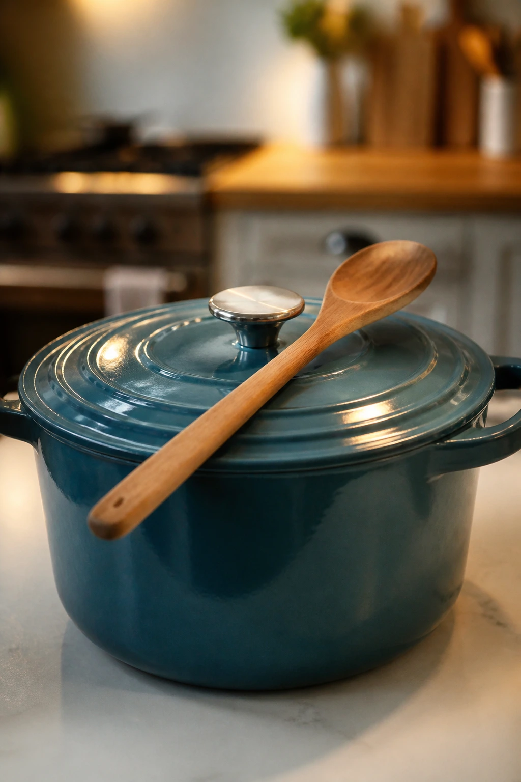 Close-up of a large Dutch oven with a wooden spoon resting on its rim on a kitchen counter