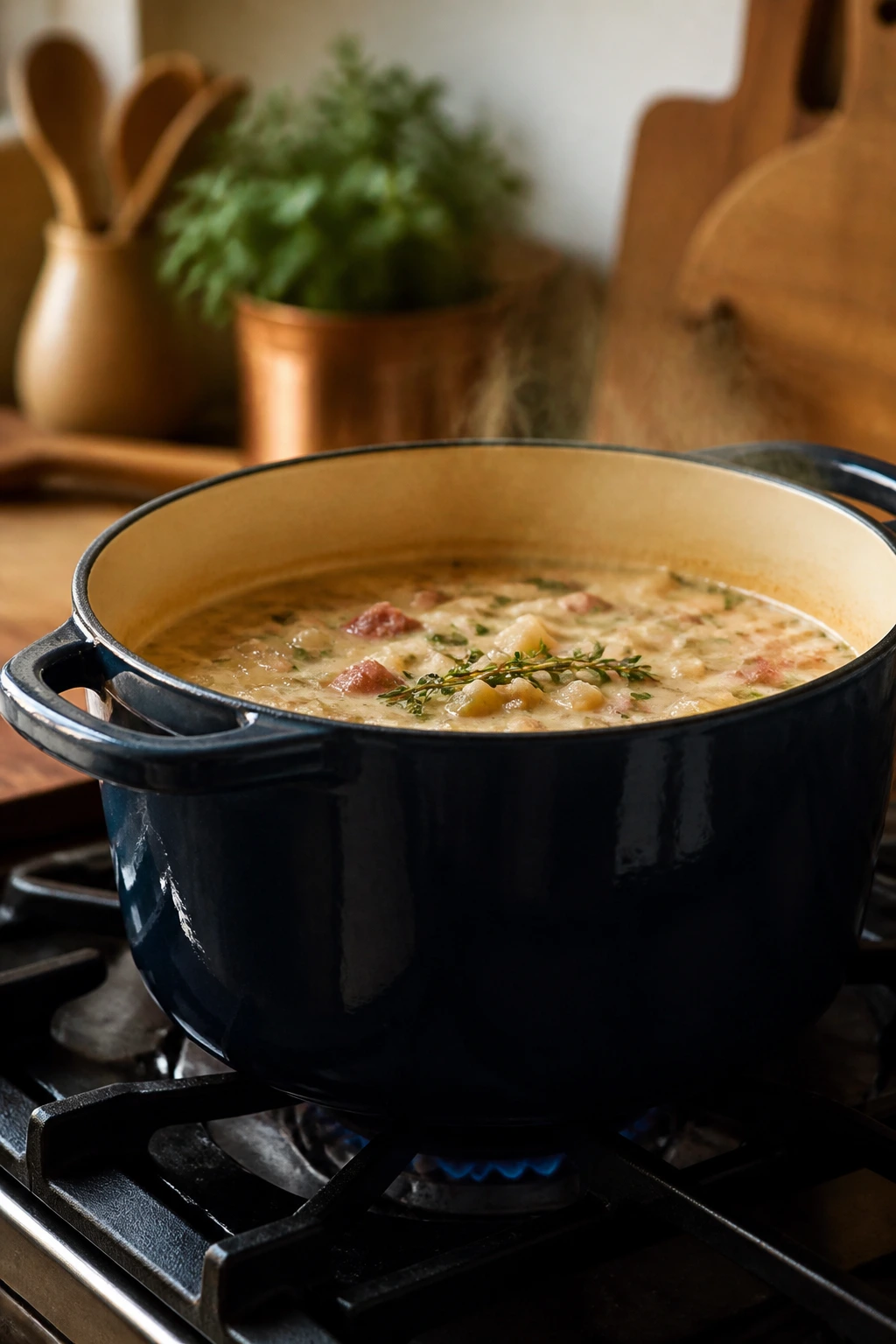 Close-up of a Dutch oven on a stove as the primary soup-making tool