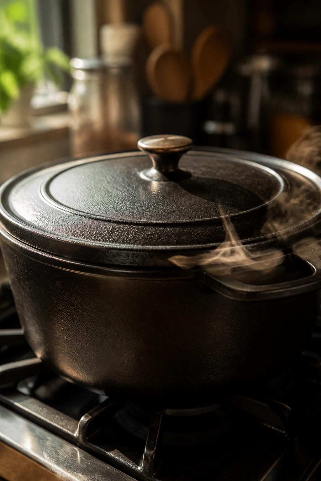 Heavy Dutch oven with lid and steam on a stove