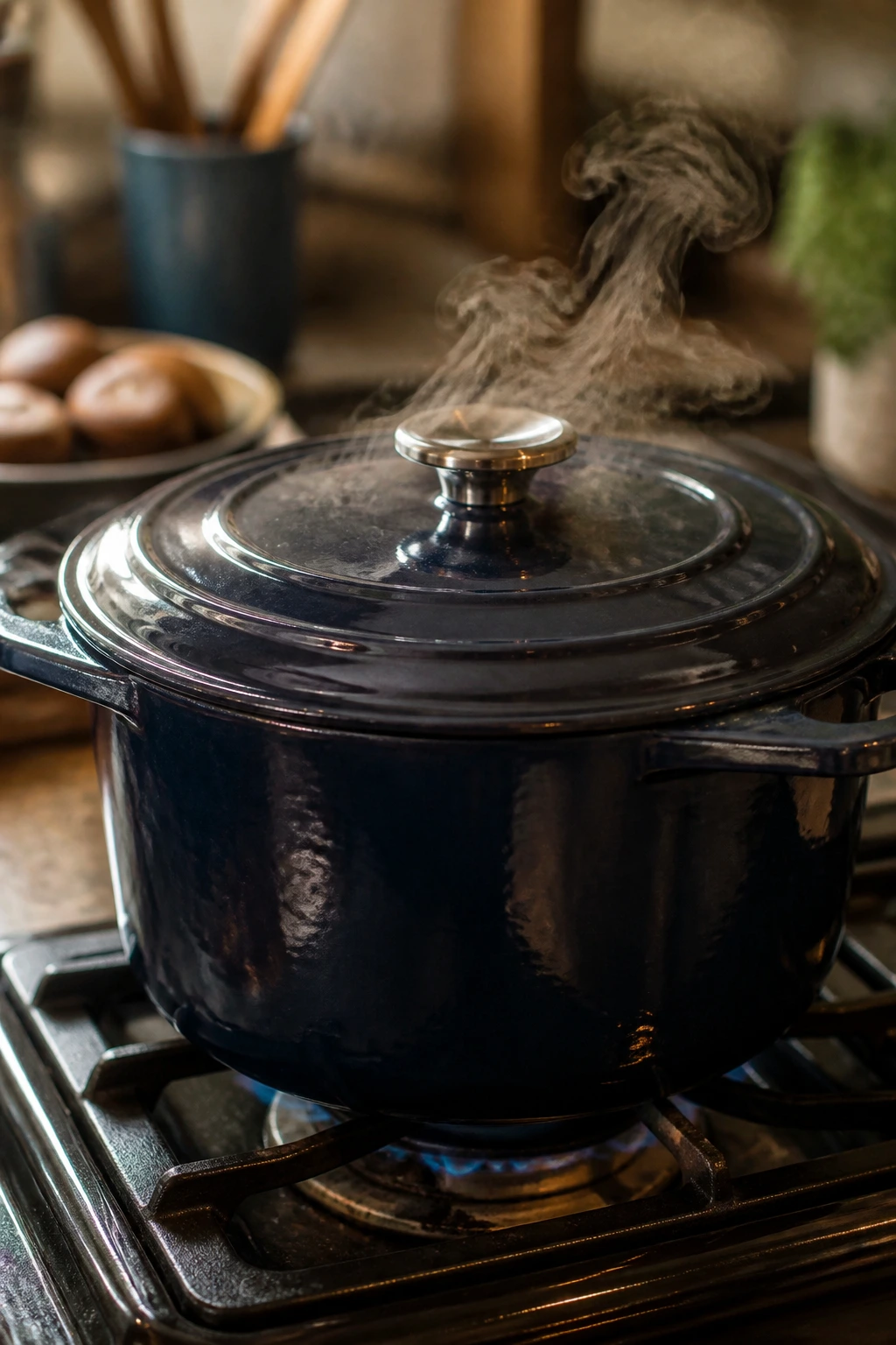 Dutch oven on stove with steam