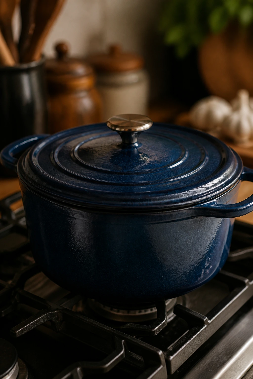 Sturdy Dutch oven on a stovetop in warm kitchen light