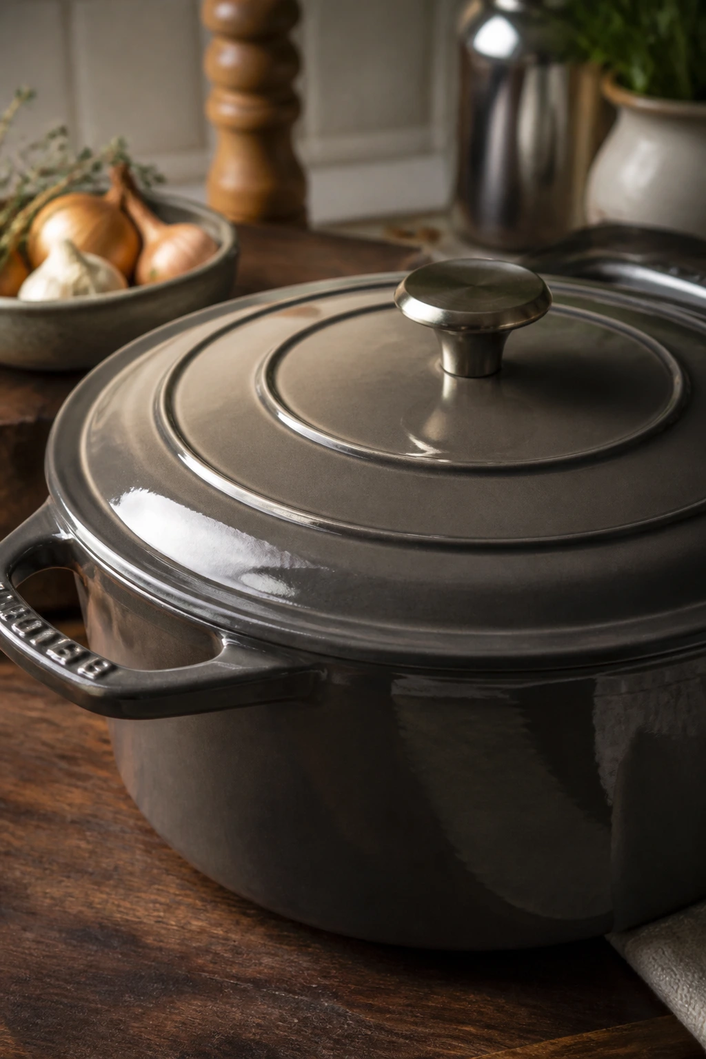 Heavy Dutch oven on kitchen counter with lid