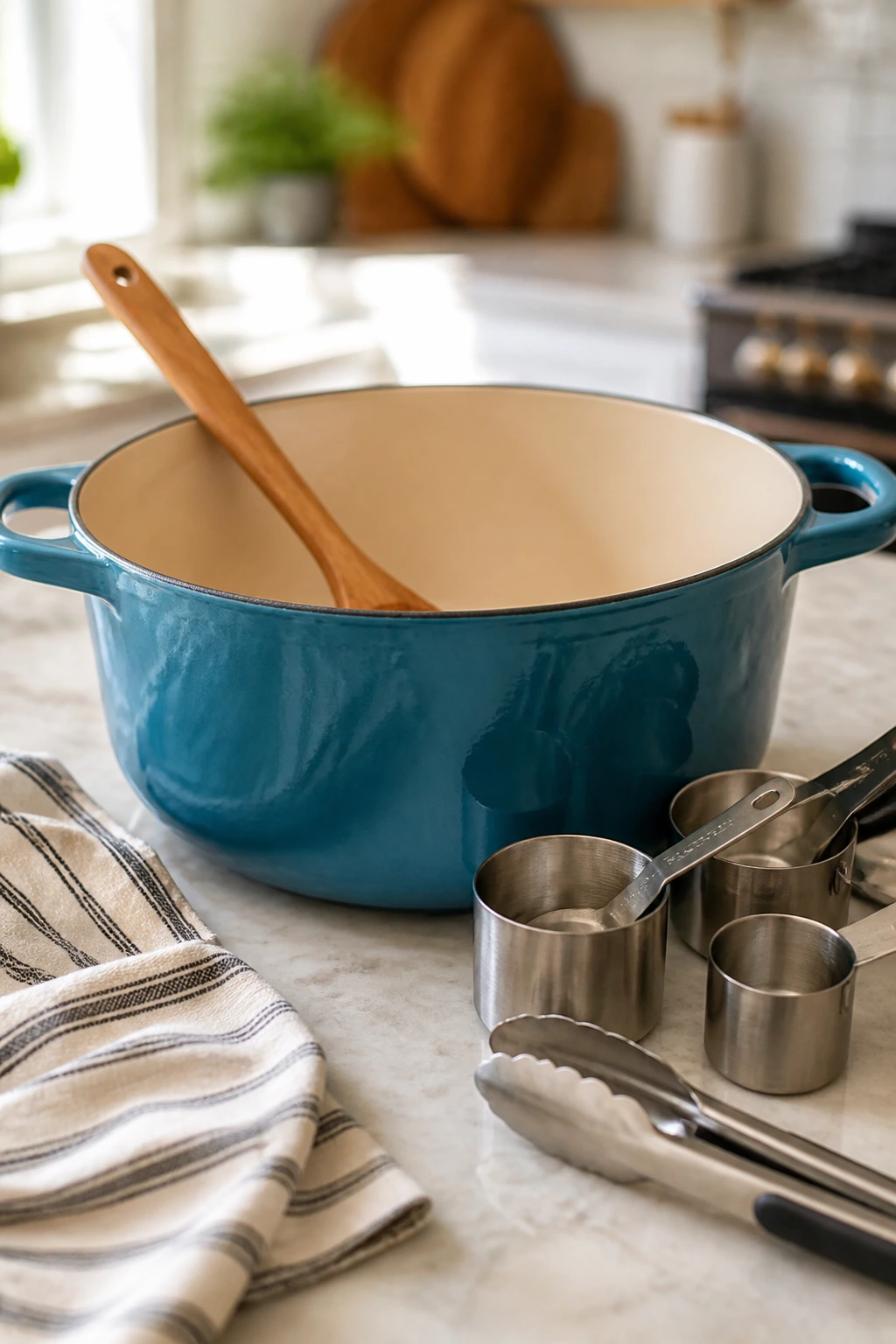 Dutch oven with wooden spoon and measuring cups on a kitchen counter