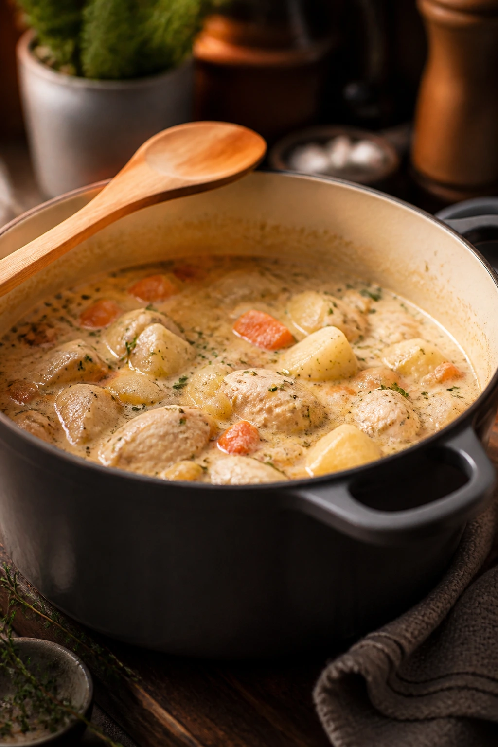 Close-up of a heavy Dutch oven with a wooden spoon on its rim