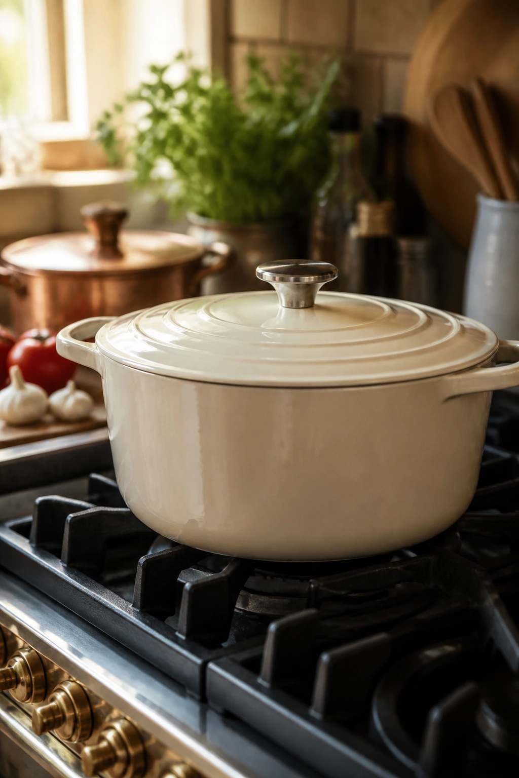 Close-up of a heavy Dutch oven on a stove in a warm Italian kitchen