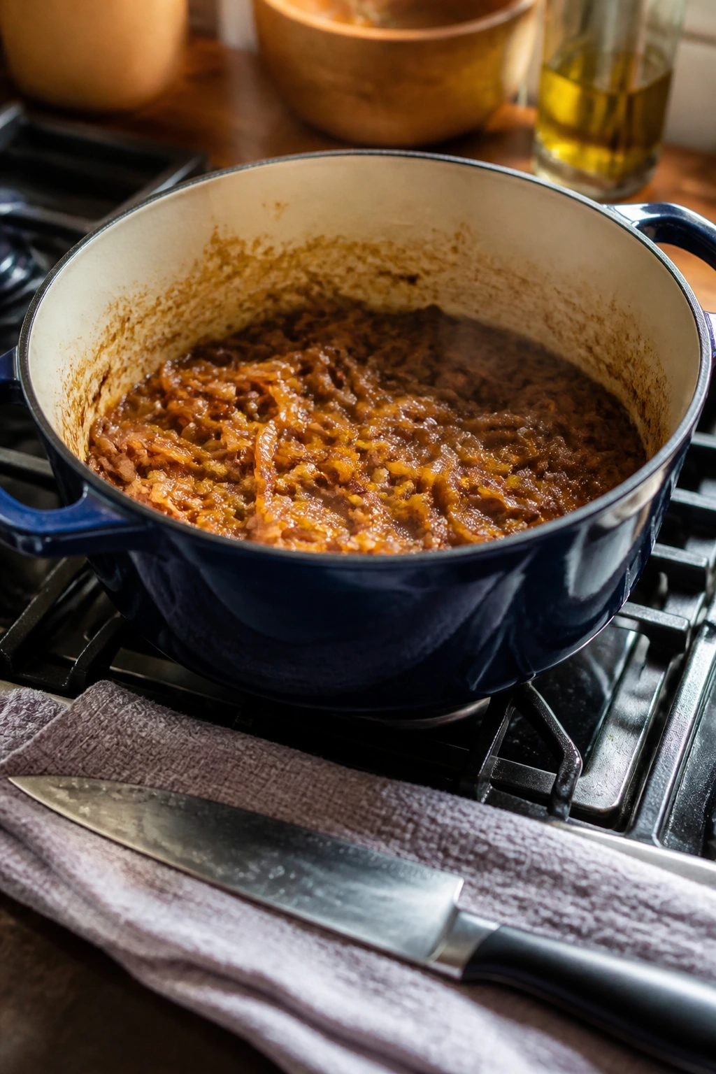 Dutch oven and knife in a warm kitchen
