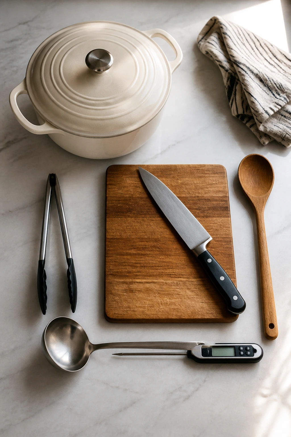 Dutch oven and essential soup-making tools arranged on a countertop.