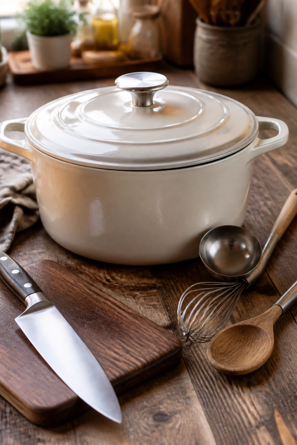 Still-life of essential soup tools with a Dutch oven as the focal point