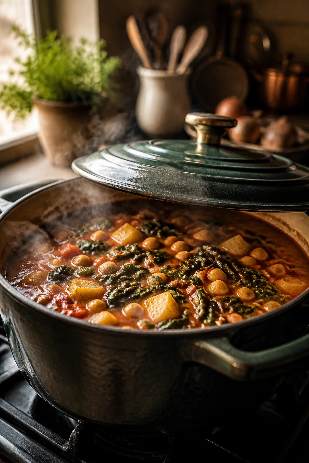 Close-up of a heavy Dutch oven steaming on a stove, hero pot for smoky chickpea stew