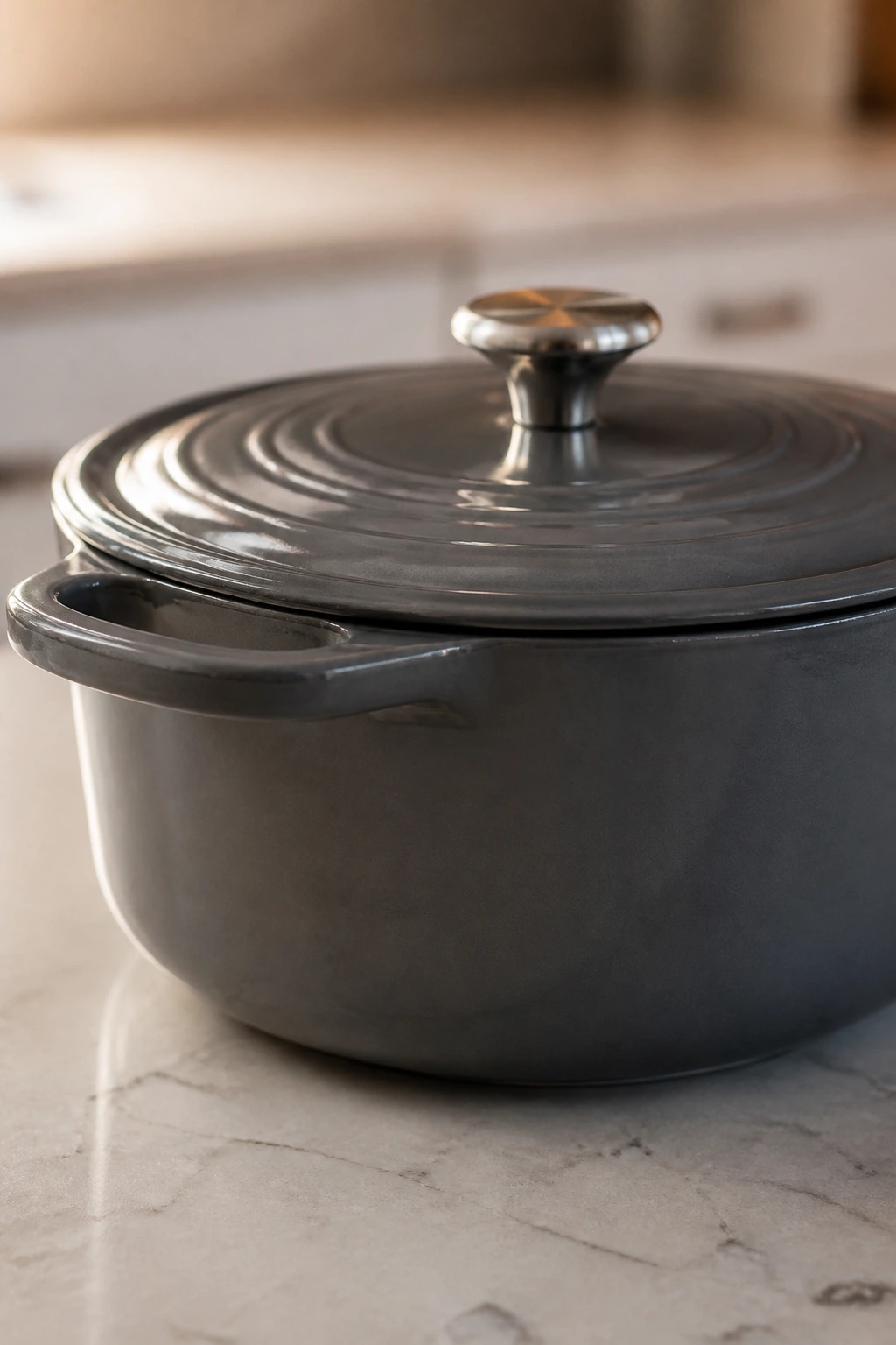 Dutch oven ready for soup on kitchen counter
