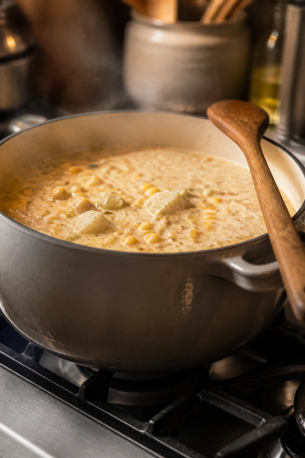 Dutch oven with steam and wooden spoon on stove