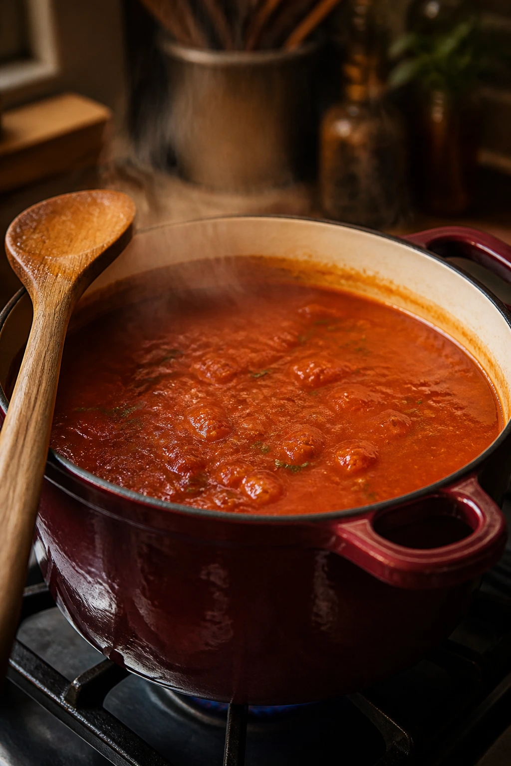 Dutch oven with steam and wooden spoon on stove