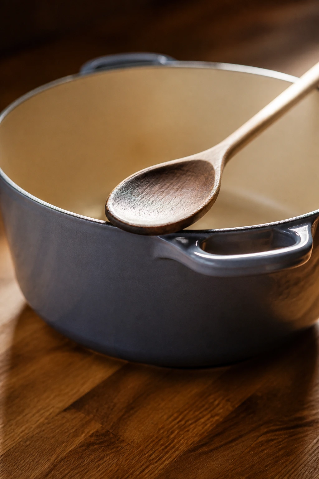 Close-up of a heavy Dutch oven with a wooden spoon on a wooden counter in a warm kitchen