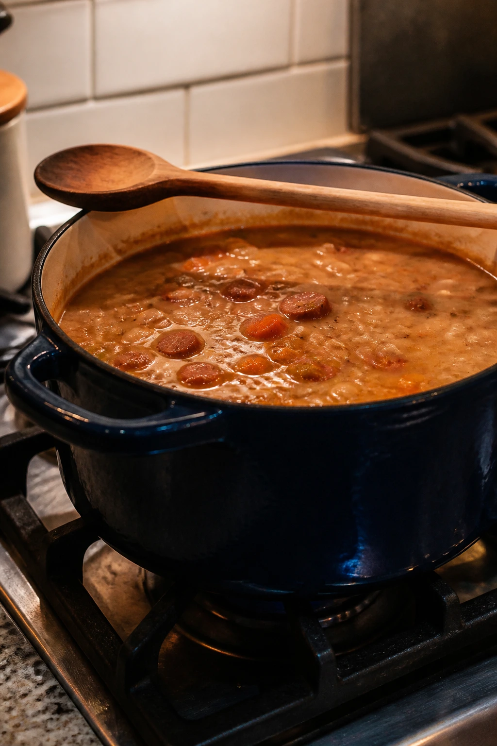 Dutch oven on stove with wooden spoon