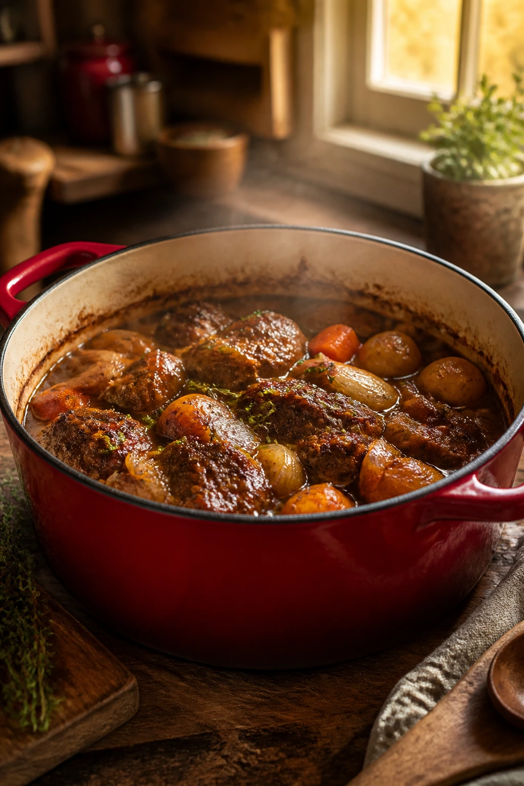 Close-up of a red Dutch oven with steam in a cozy kitchen