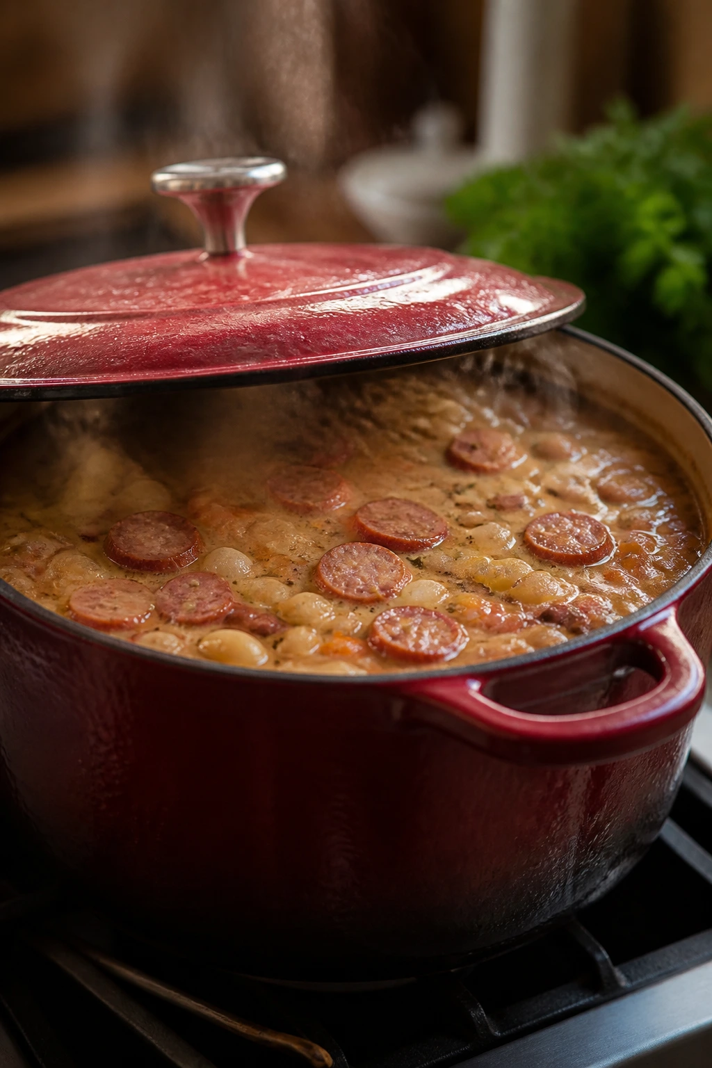 Steaming Dutch oven on stove in a cozy kitchen