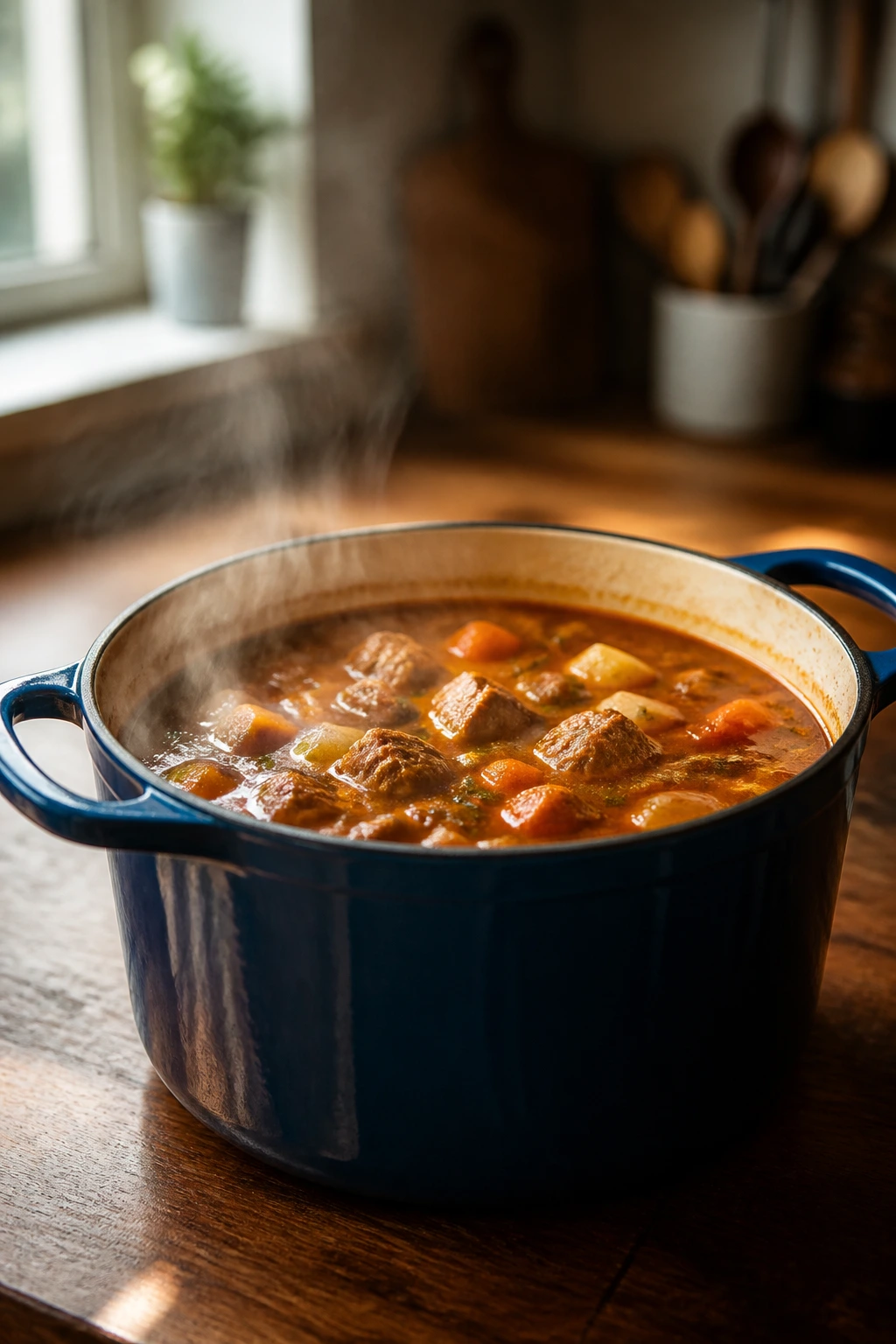 Close-up of a Dutch oven in a warm kitchen, representing essential stew equipment