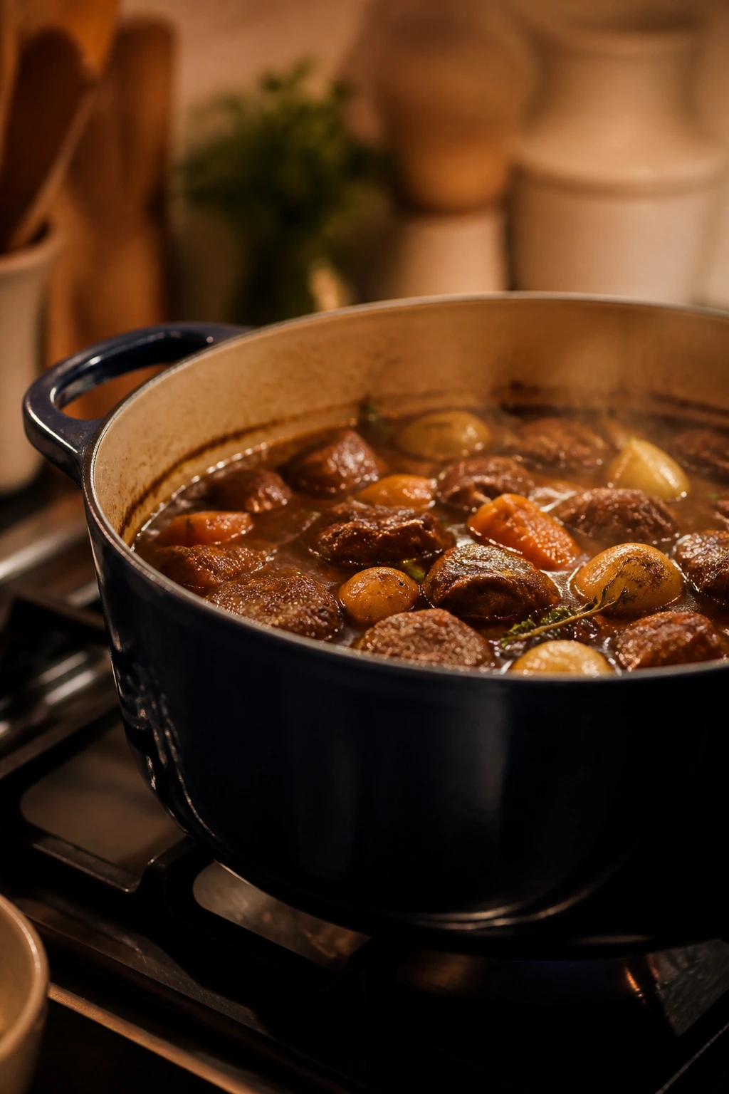 Heavy Dutch oven on stove with simmering braise, dominating the frame.