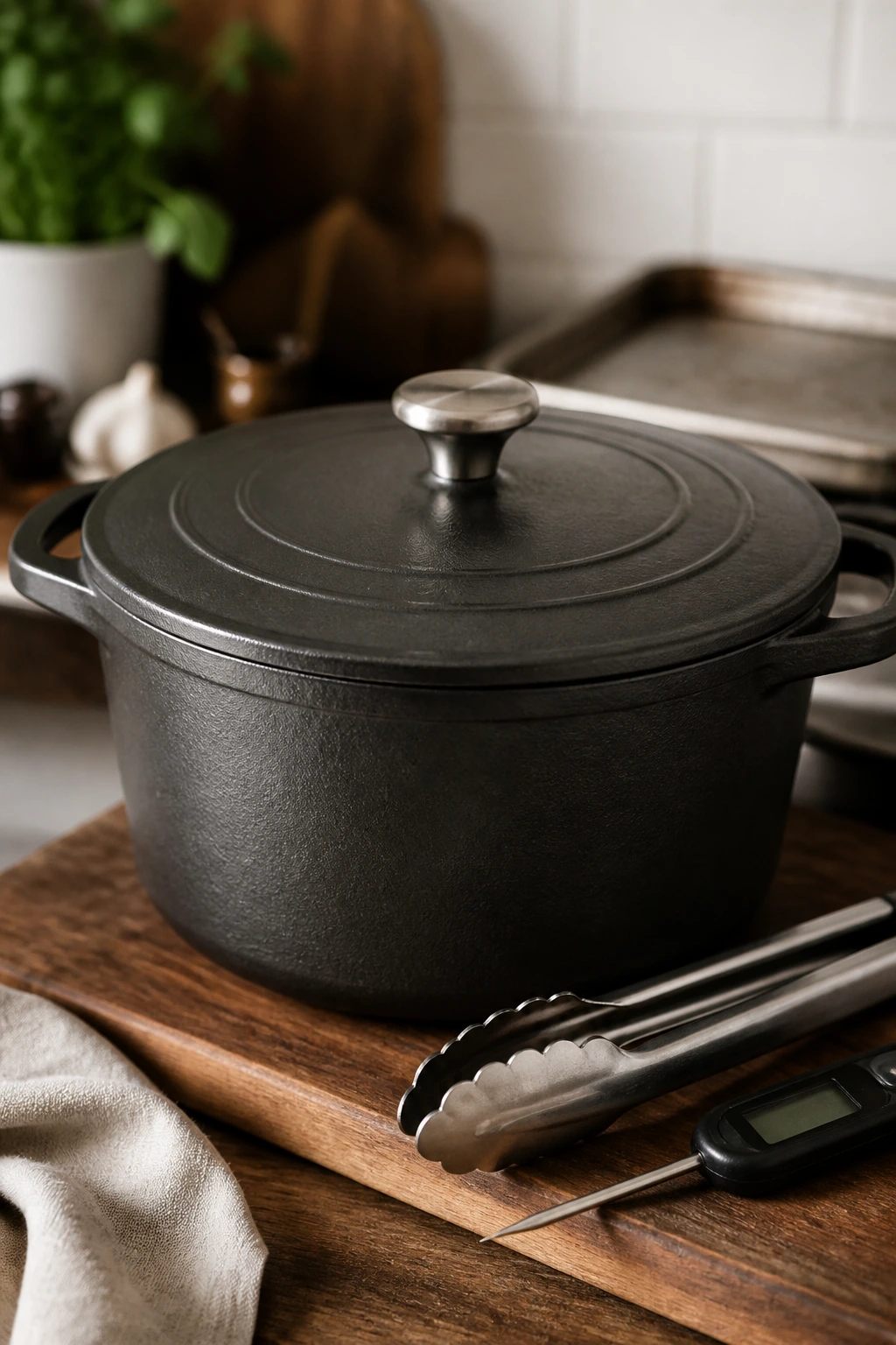 Sturdy Dutch oven dominating the frame