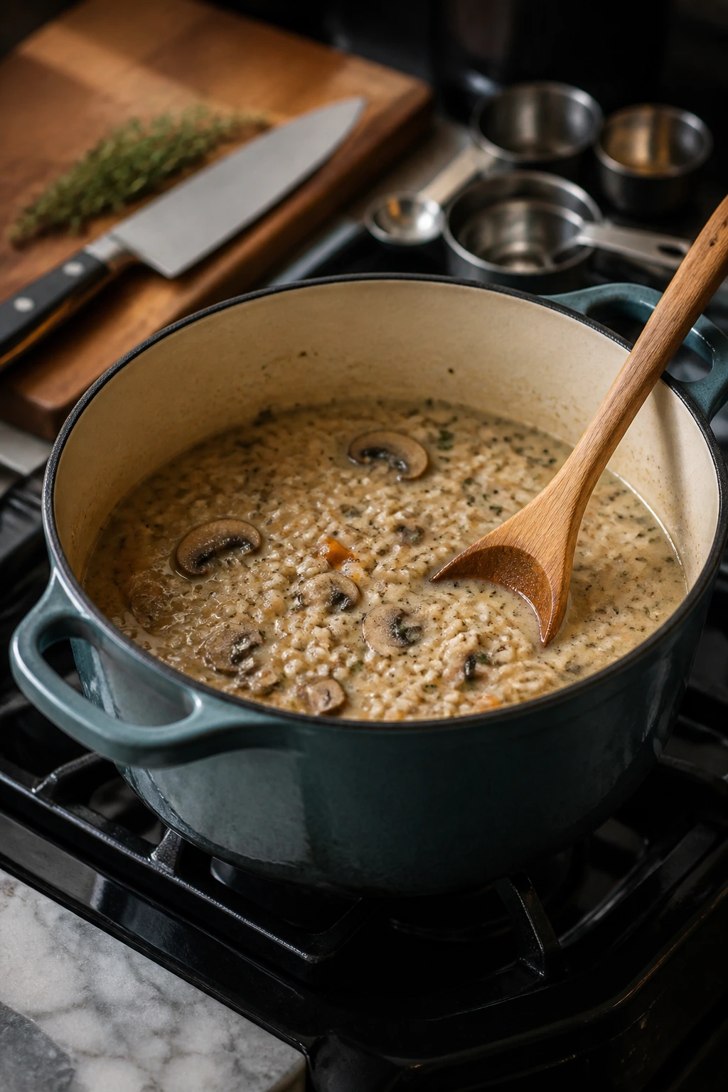 Dutch oven on a stove with a wooden spoon inside, the main cooking tool
