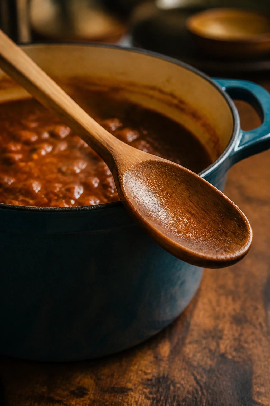 Wooden spoon on the rim of a heavy Dutch oven in a warm kitchen