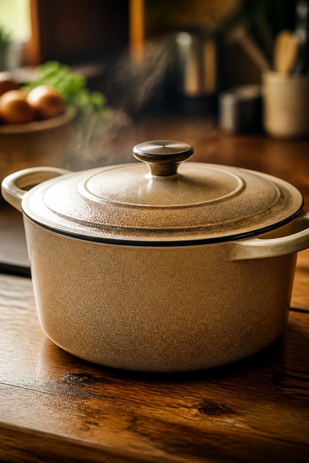 Large Dutch oven on a wooden counter in a warm kitchen