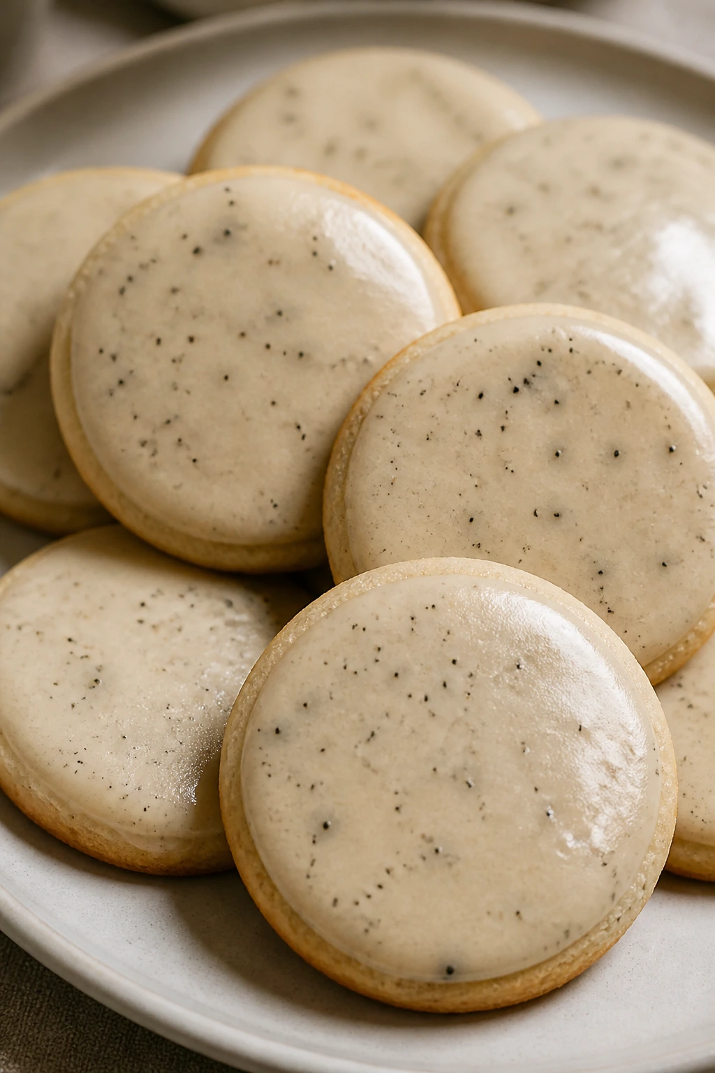 Close-up of Earl Grey glazed rounds on a plate.
