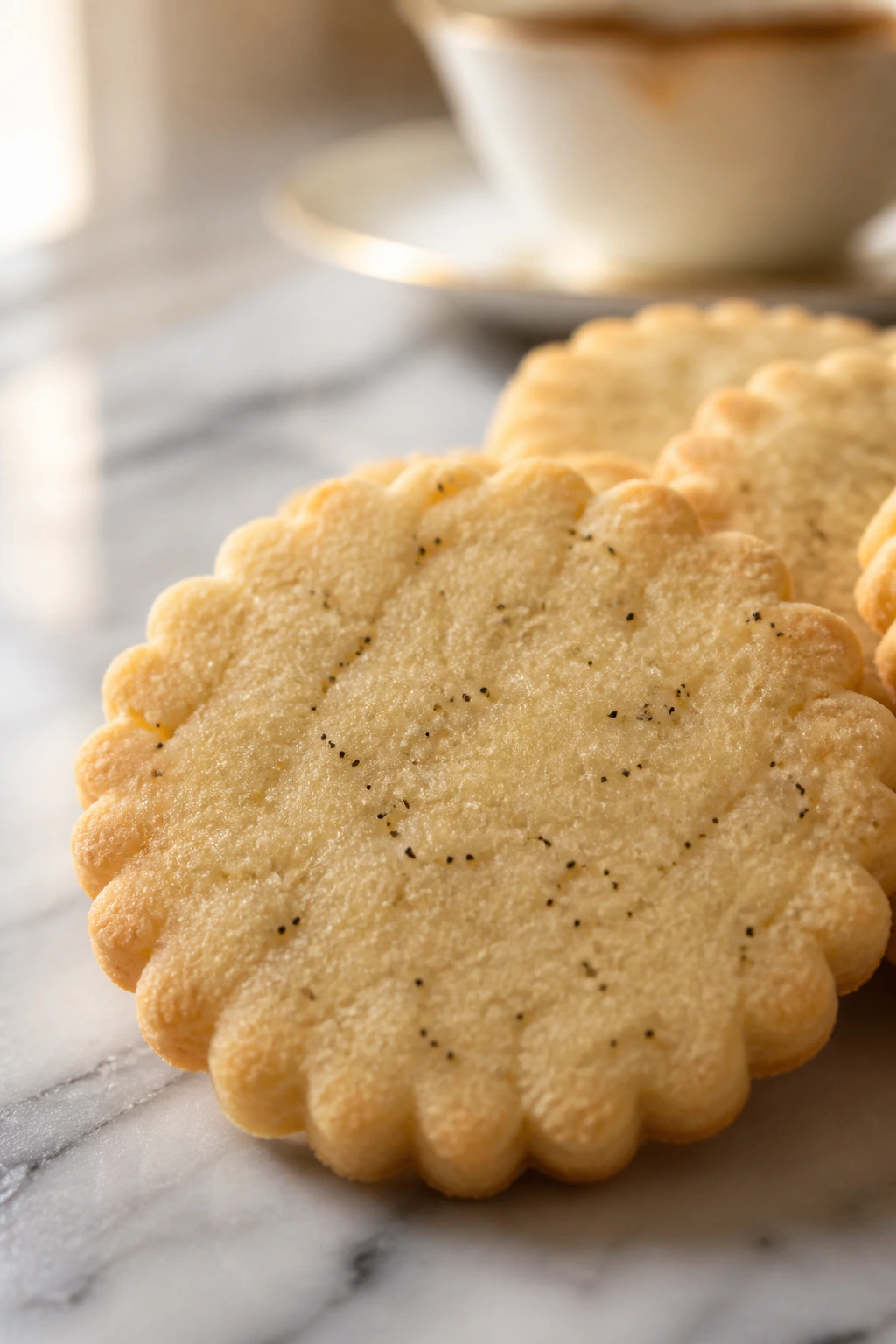 Close-up of Earl Grey tea cookie on marble with blurred teacup
