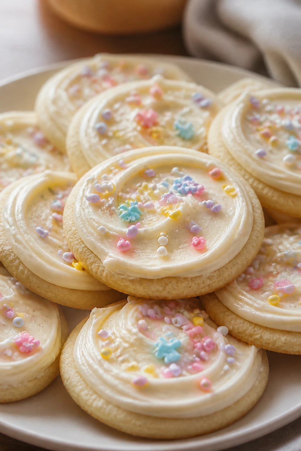 Vanilla buttercream Easter sugar cookies on plate