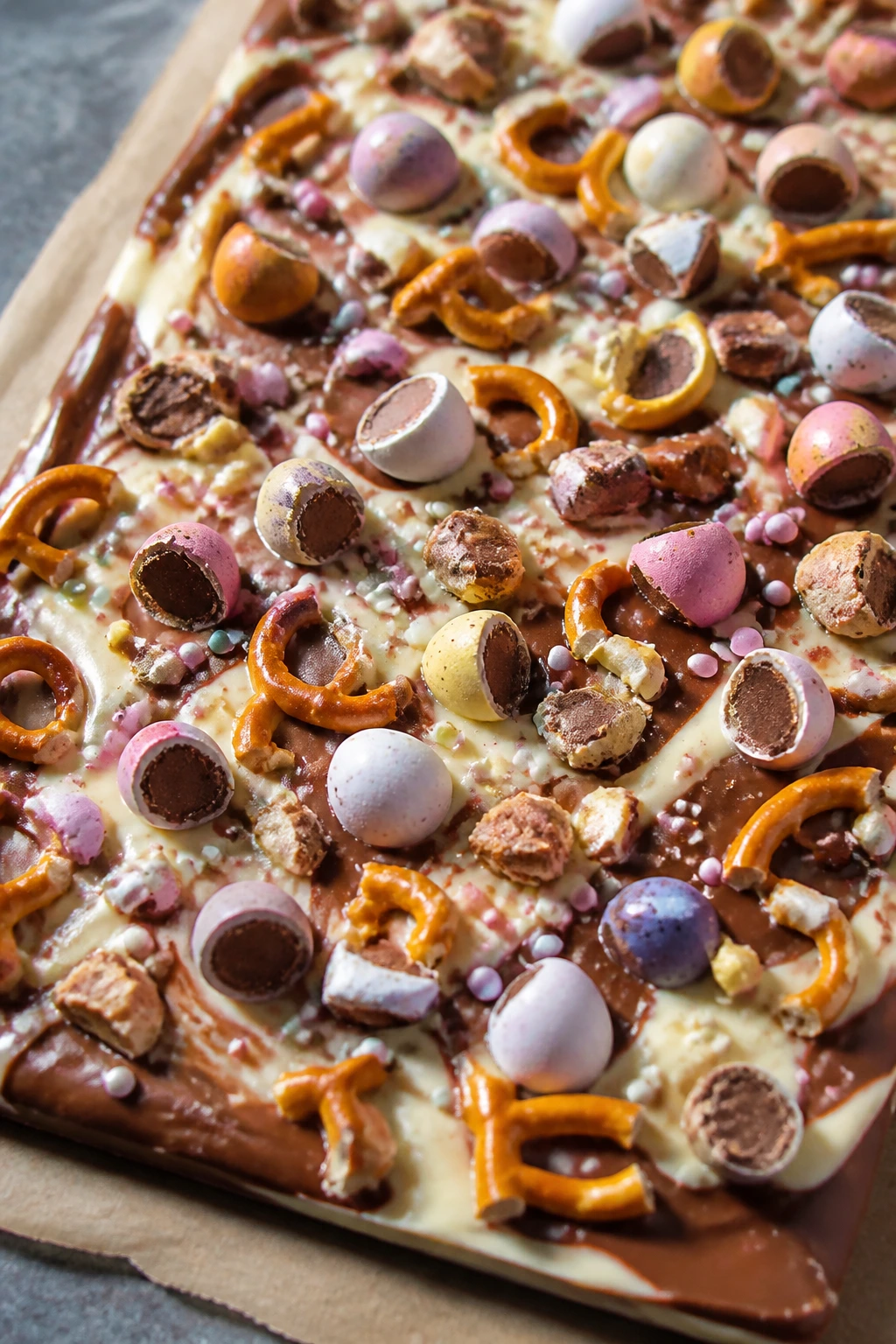 Close-up of Easter candy bark with mini eggs and pretzels