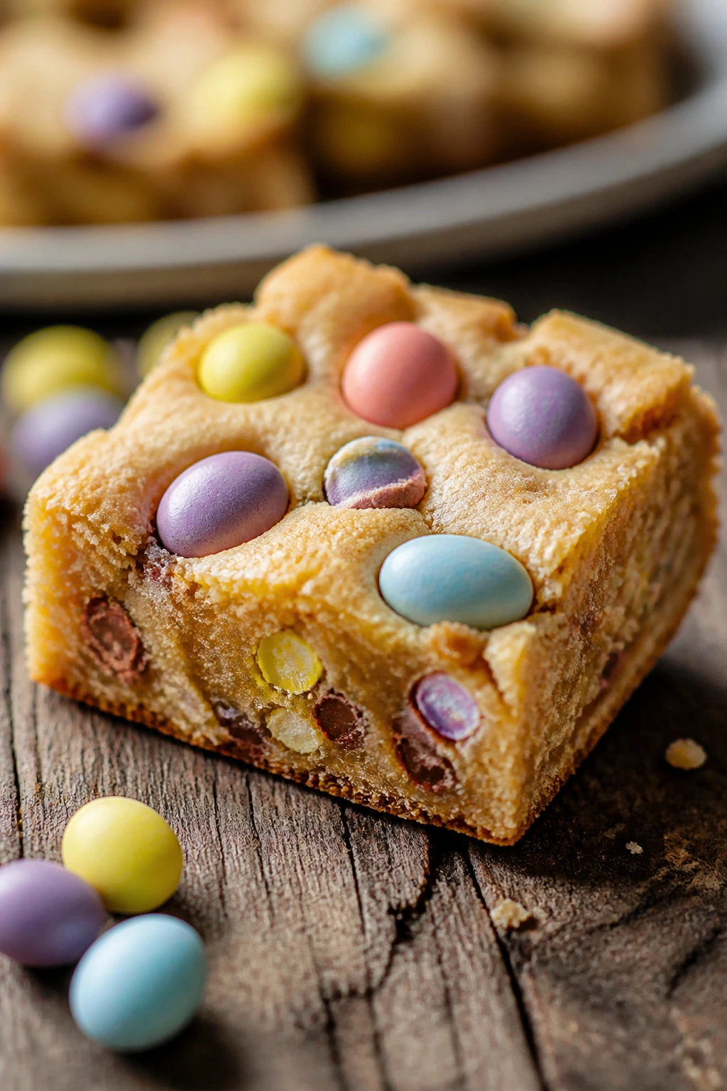 Blondie with pastel Easter candy on top.