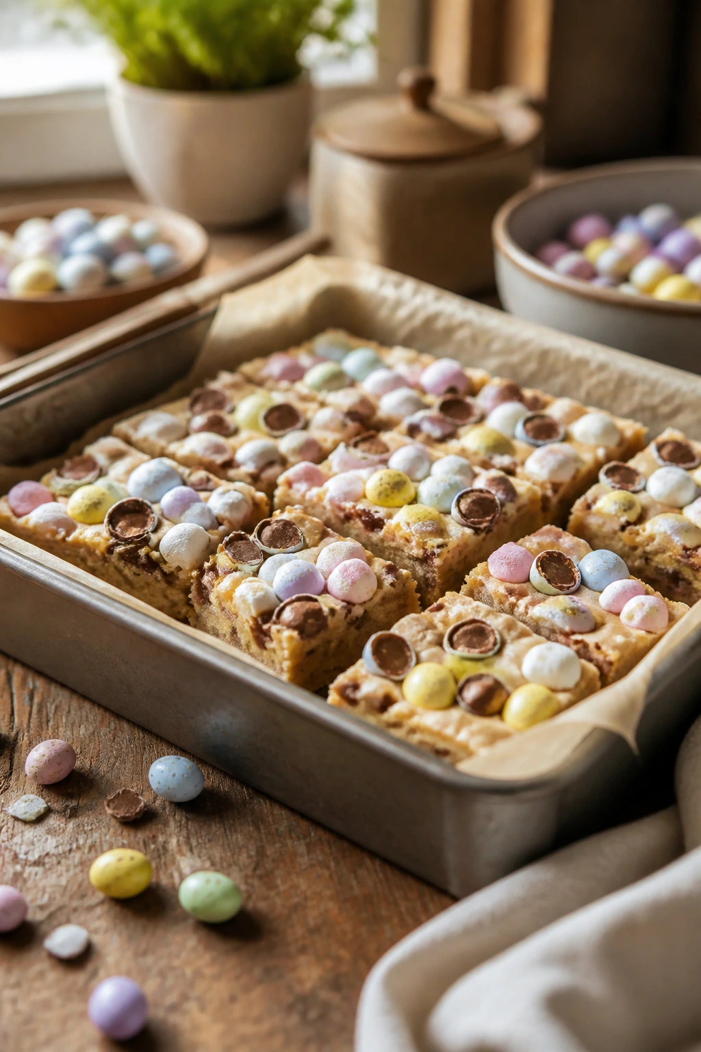 Close-up of pastel Easter candy bars with mini eggs and marshmallows on a rustic counter