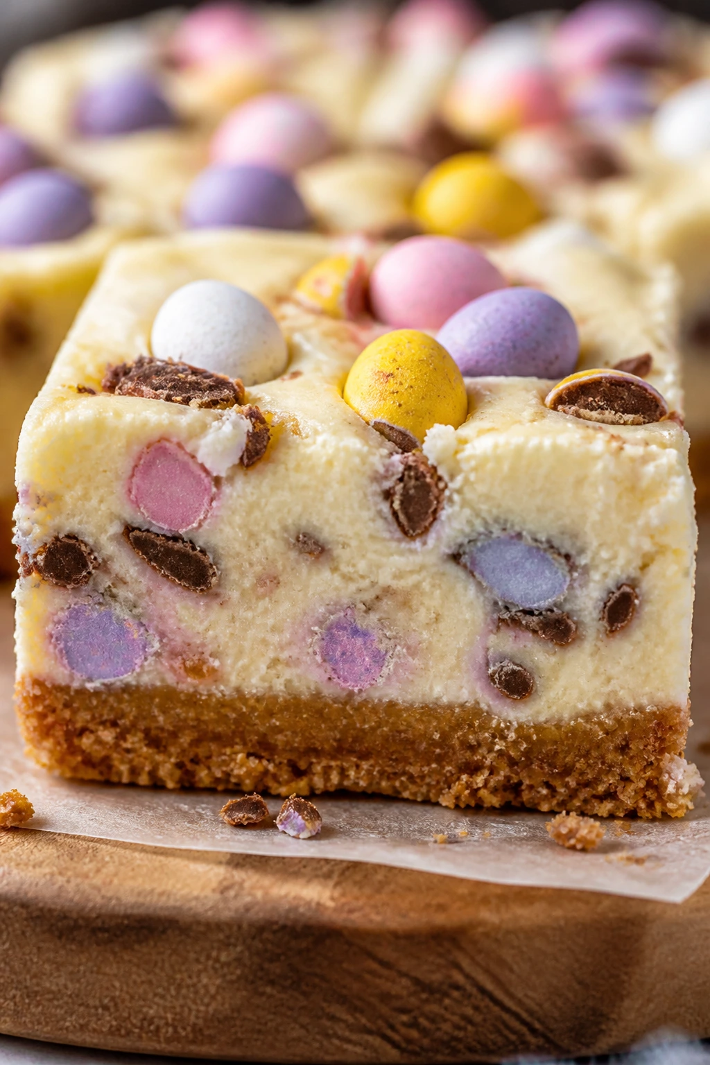 Cross-section of Easter egg cheesecake bar on board