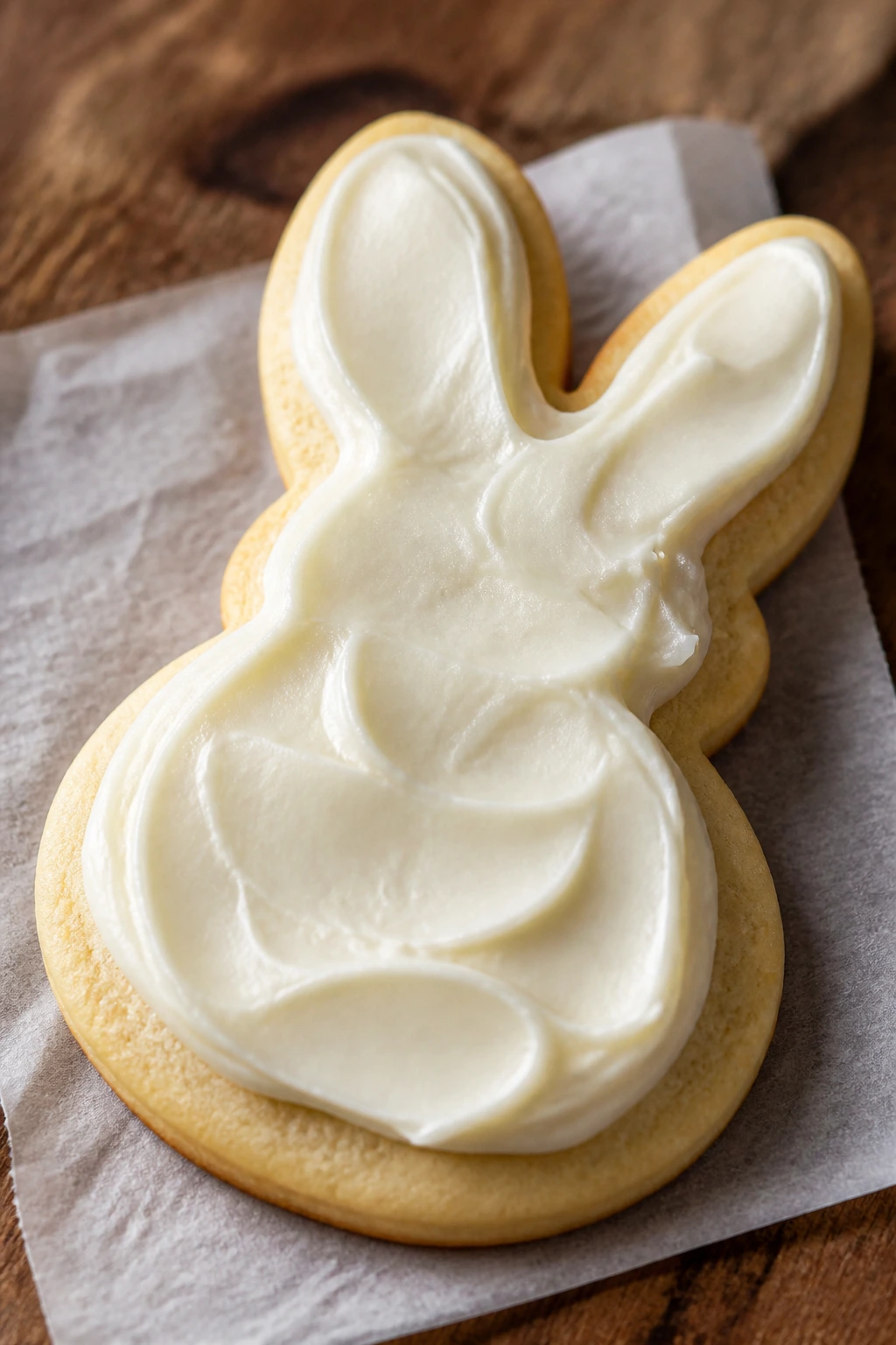 Close-up of a bunny-shaped Easter cookie with cream cheese frosting