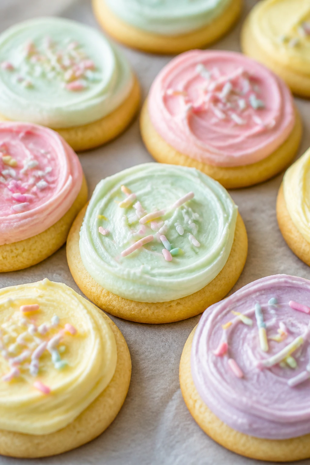 Cluster of pastel Easter cookies with soft frosting on parchment in a kitchen setting