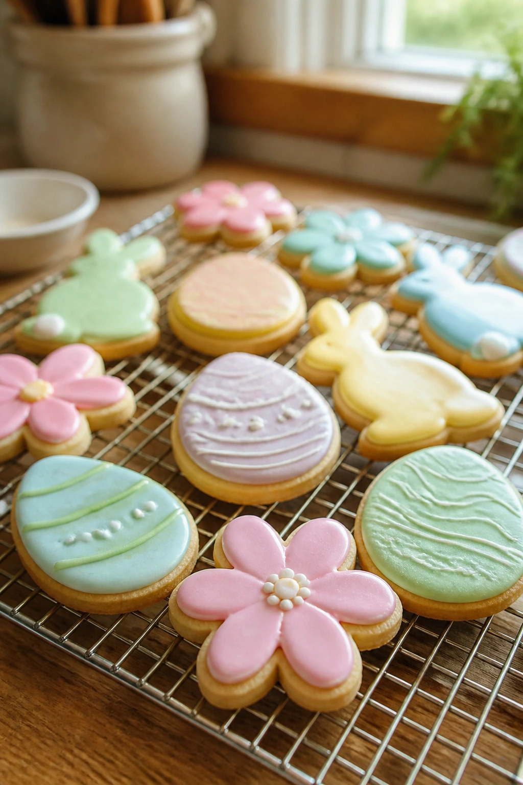 Pastel-cut-out Easter cookies cooling on a wire rack in a kitchen