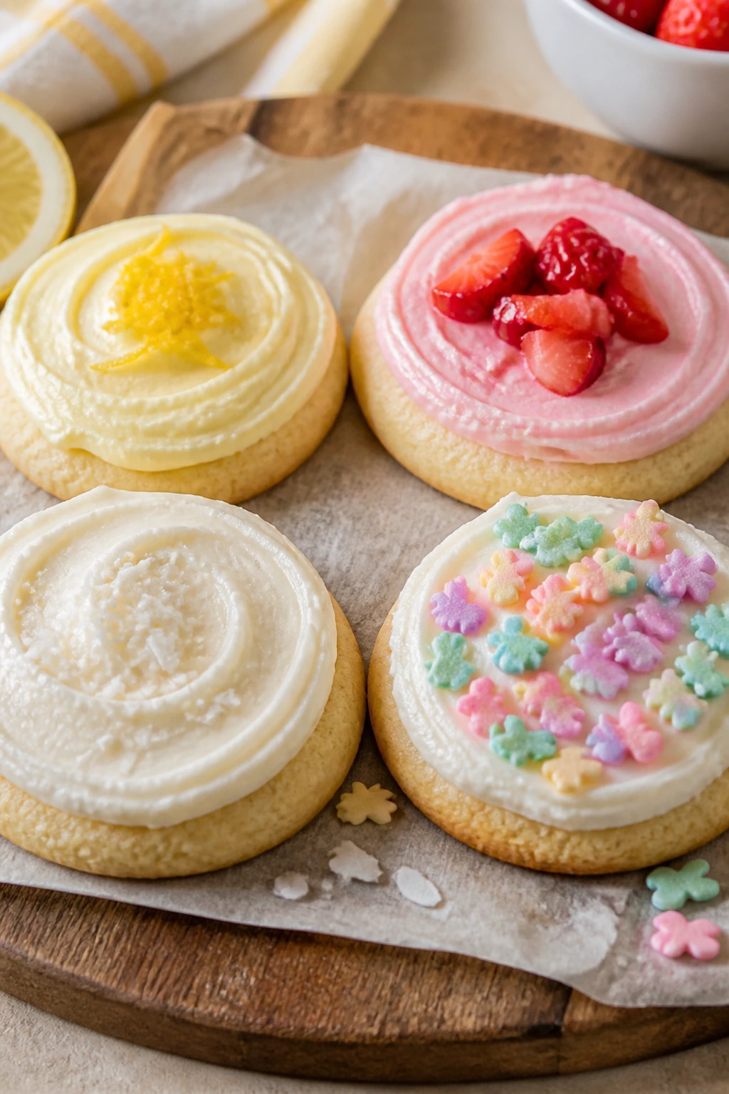 Close-up of four decorated Easter cookies with varied frostings