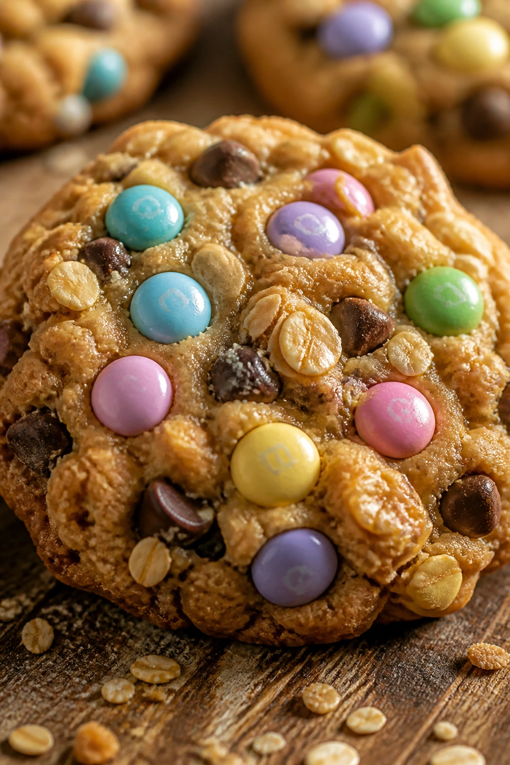 Close-up of a chunky Easter M&M Monster Cookie on a wooden board