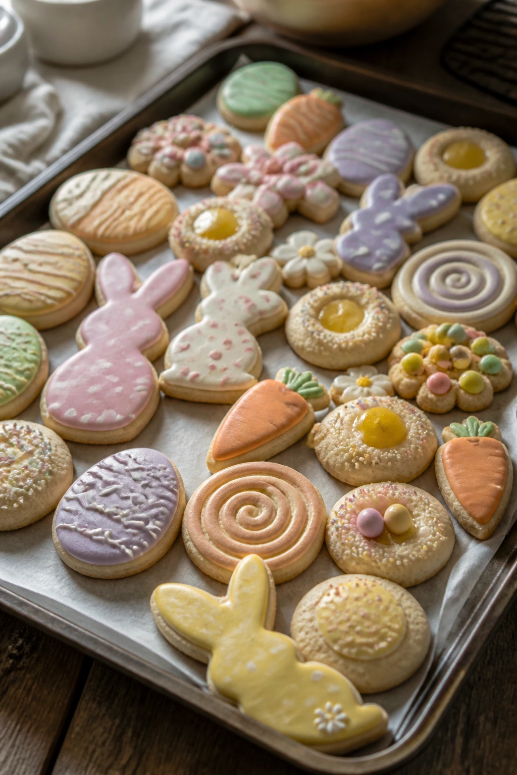 Close-up of pastel Easter sugar cookies on a rustic counter