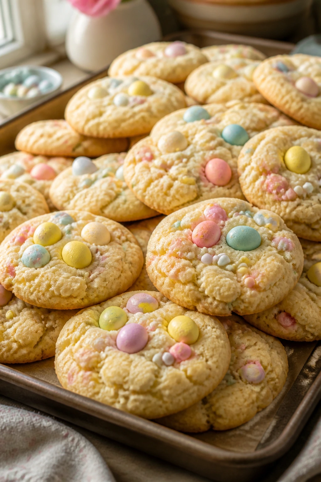 Close-up of pastel Easter cake cookies on a baking sheet